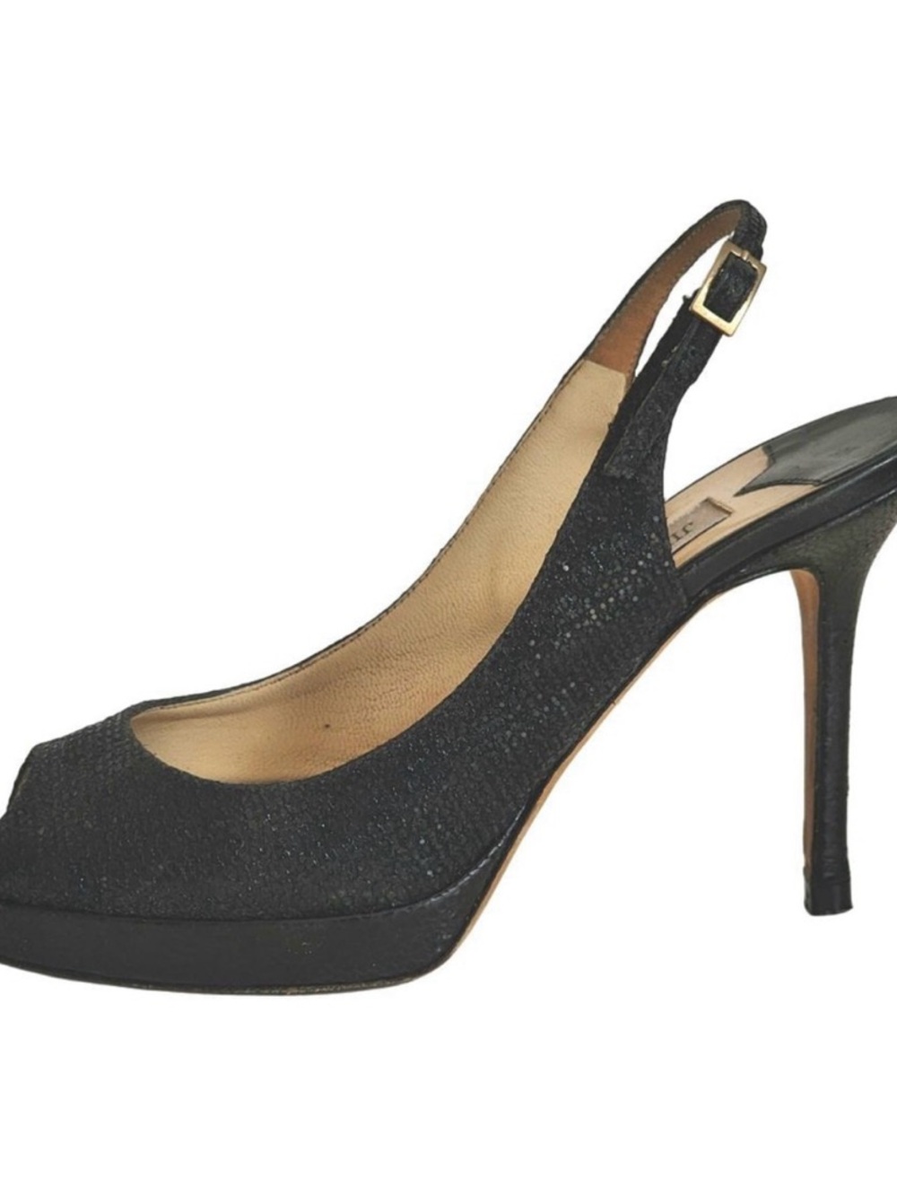 JIMMY CHOO Nova Black Glitter Peep Toe Slingback Sandals Heels US 9.5  IT39.5 - Picture 4 of 8